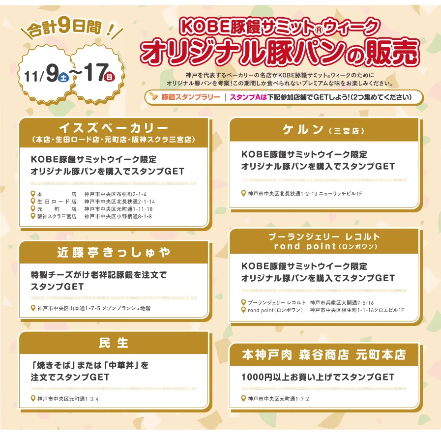 KOBE豚饅サミットウィーオリジナル豚パンの販売　イスズベーカリー　ケルン　近藤亭きしゅや　ブーランジェリーレコルト　民生　本神戸森谷商店