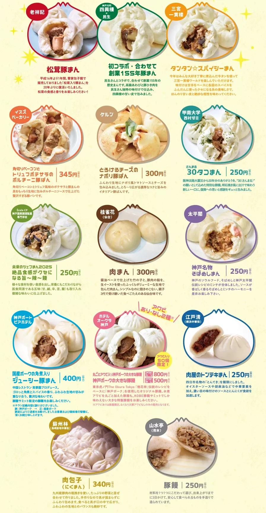 老祥記松茸豚まん　神戸元町四興樓X民生初コラボ・合わせて創業155年豚まん　三宮一貫楼タンタンスパイシーまん　イスズベーカリー角切りベーコンとトリュフポテサラのポルチーニ豚ぱん　ケルンとろけるチーズのナポリ豚ぱん　甲南大学西村ゼミさんまる30タコまん　EcoleCP神戸国際調理製菓専門学校未来のシェフまん2025絶品食感がクセになる旨～辛～饅　桂雀花肉まん　太平画神戸名物そばめしまん　神戸ポートピアホテル角煮入りジューシー豚まん　ホテルオークラ神戸丸ごとアワビ入り神戸ポークの大きな豚饅　江戸勢肉屋のトンテキまん　蘇州林肉包子　山水亭豚饅